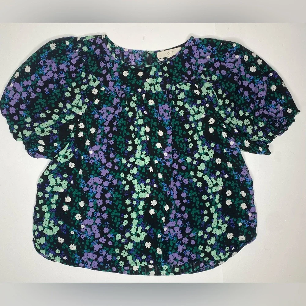 LOFT Floral Print Puff Sleeve Shirred Yoke Top Model Blend Sz Lg Like New